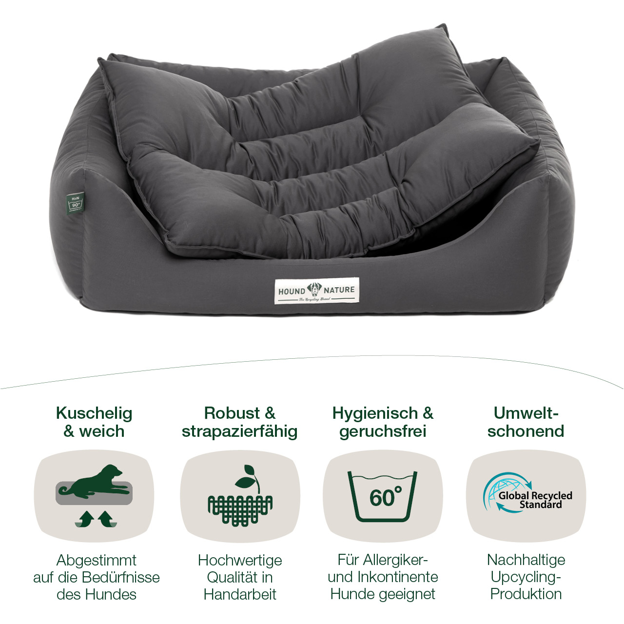 Hundebett Bern Gr. M, grau, Eigenschaften, Global Recycled Standard - HOUND & NATURE