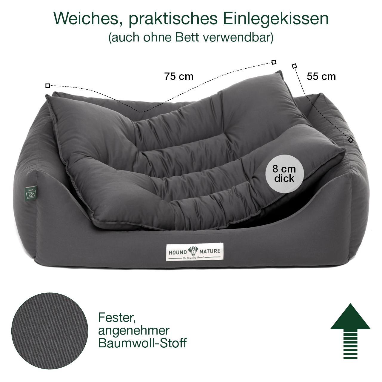 Bett Bern Gr. M grau mit Liegekissen, praktisch und beidseitig verwendbar - HOUND & NATURE