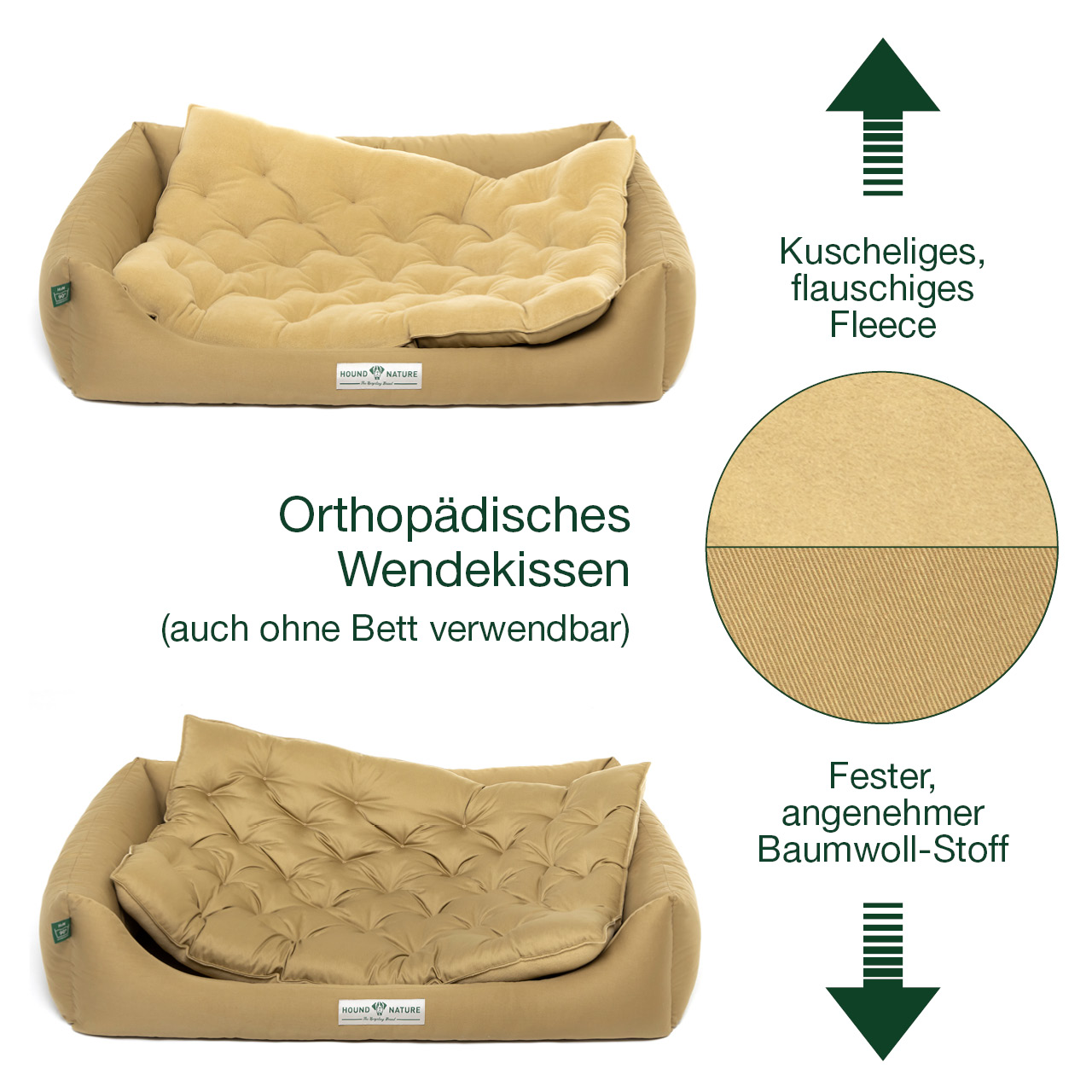Öko-Hundebett Zürich beige mit Liegekissen orthopädisch, beidseitig verwendbar - HOUND & NATURE