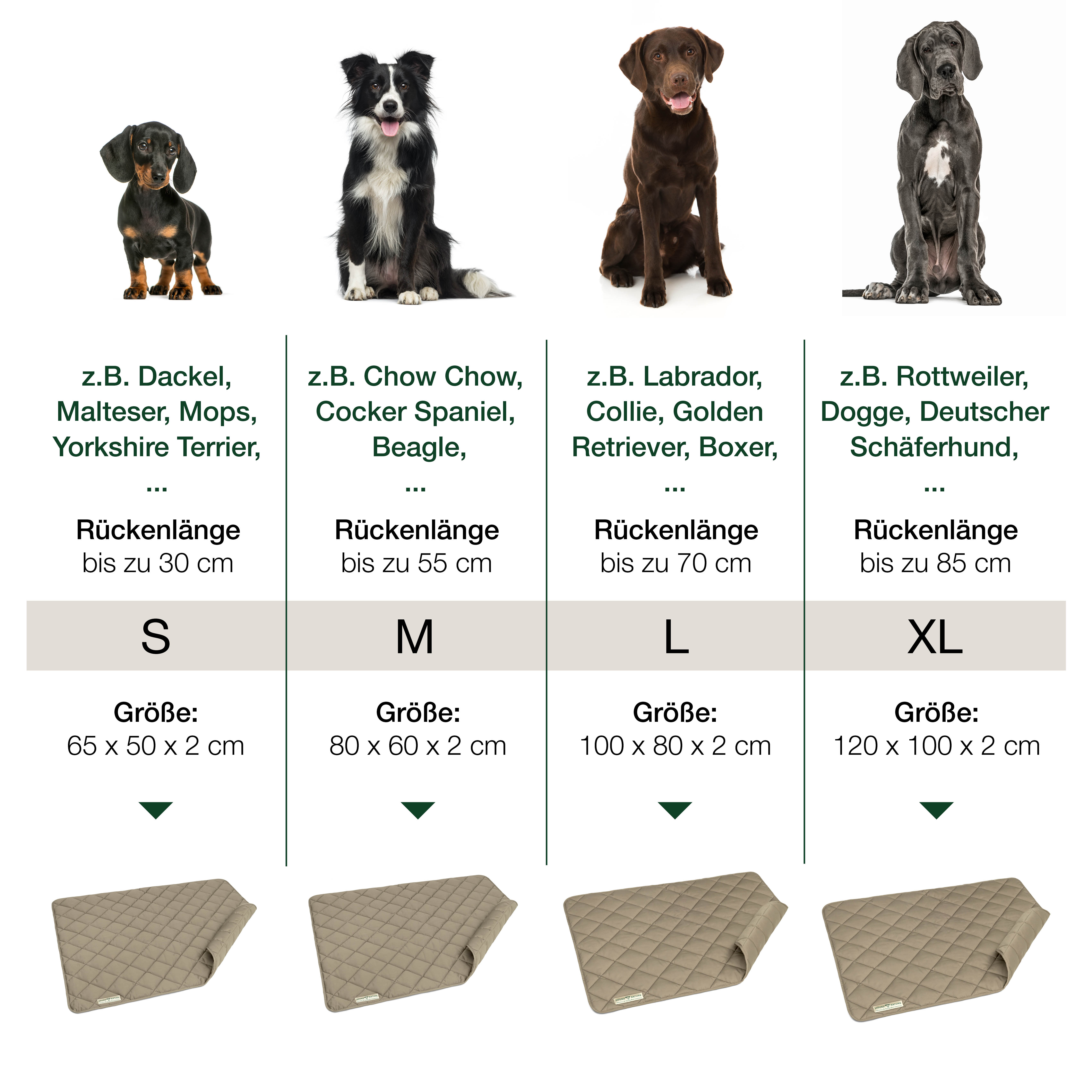 Größentabelle für gepolsterte Öko-Liegedecke Davos taupe + Beispiel-Hunderassen für Hundematte