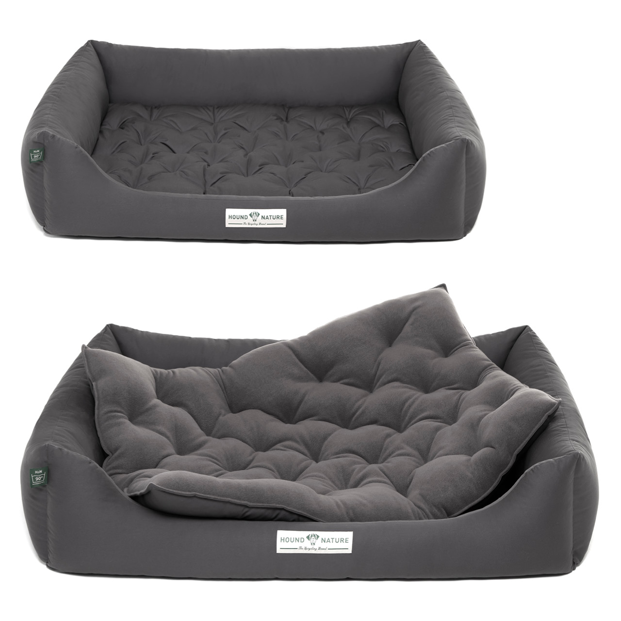 Öko-Hundebett Zürich grau mit orthopädischem Wendekissen (Fleece / Baumwolle) - HOUND & NATURE