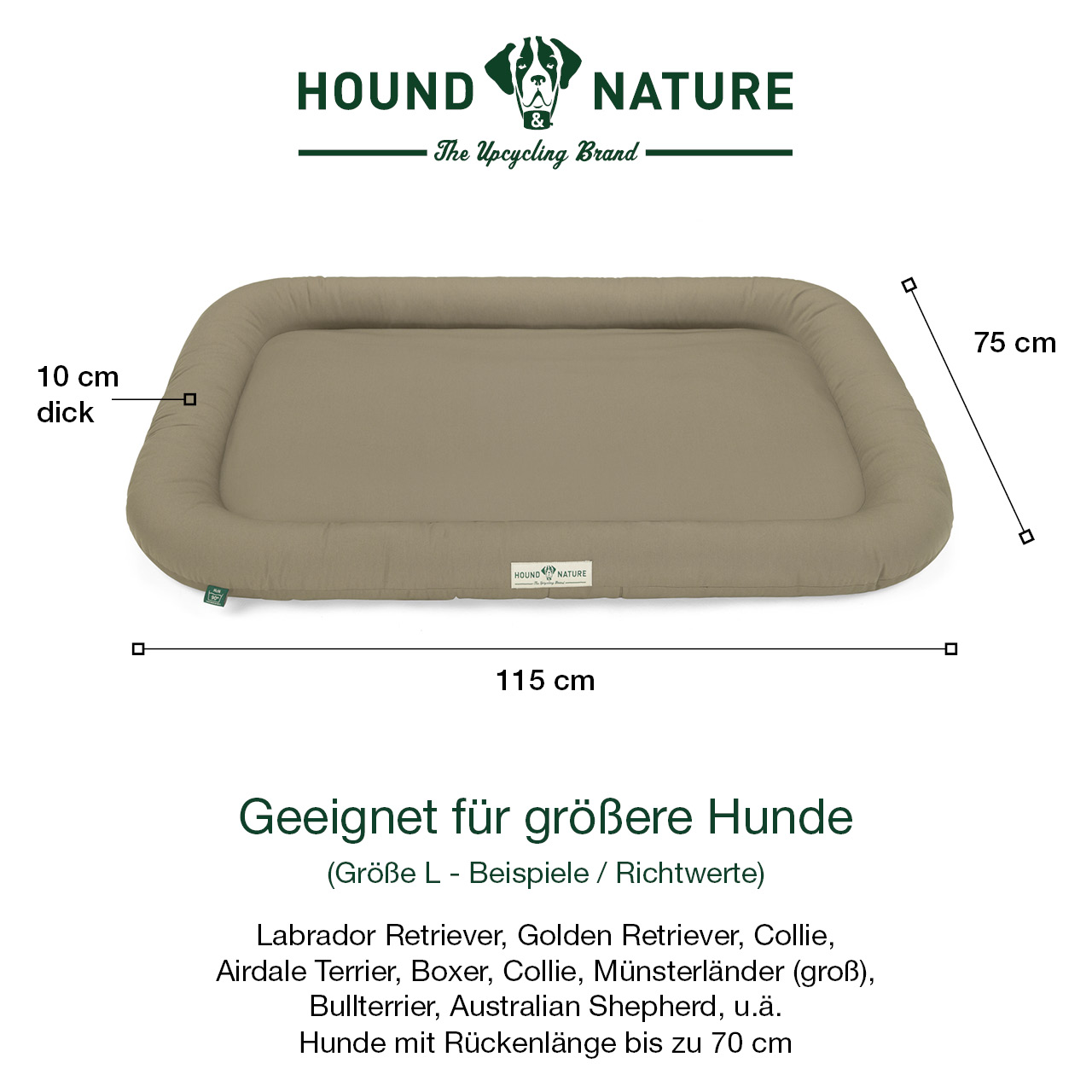 Öko Hunde Liegekissen Arosa taupe Gr. L - Außenmaße: 115 x 75 cm, 10 cm dick - HOUND & NATURE